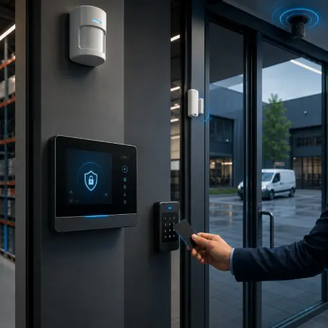 Alarmpanel mit Bewegungsmelder und RFID-Zutrittskontrolle an einer Tür — Alarmanlagen und Zutrittssysteme
