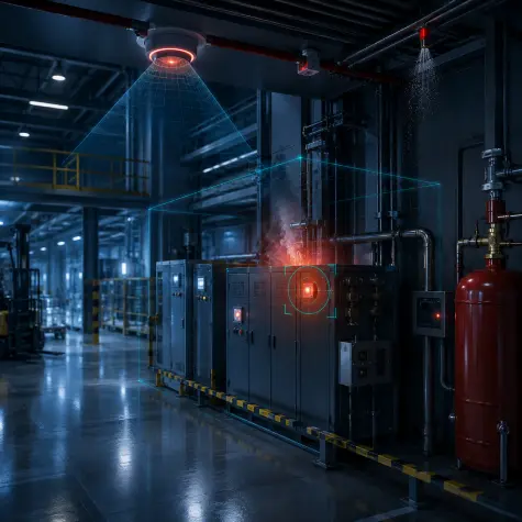 Brandmelder und Sprinkleranlage in einer Industrieumgebung — Brandfrüherkennung und Löschtechnik