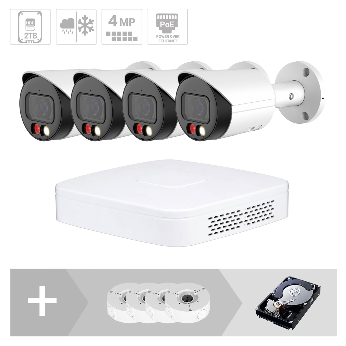 ZUKO IP Kamera Set| 4 x 4 MP | 2.8 mm | 30m IR | App |Starlight | Maskierung | IP67 | PoE Set